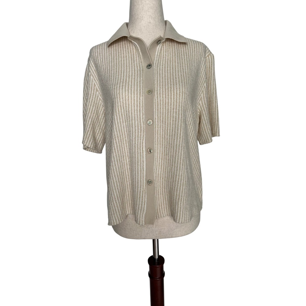 Women's Large Old Money Knit Polo Shirt Cream Gold Stripe Prep‎ Coastal Resort
